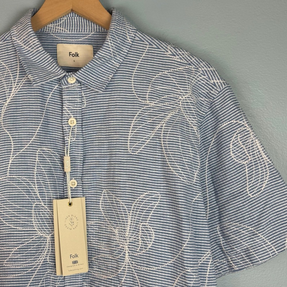 NEW Folk Bando Men Large Blue Embroidered Striped Linen Blend Short Sleeve Shirt